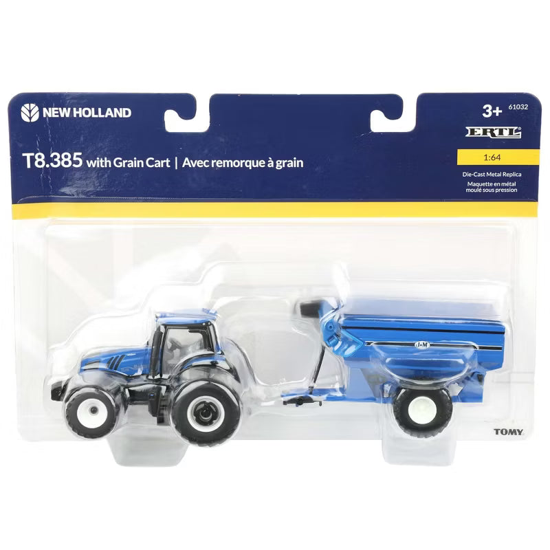 ERTL61032 1/64 New Holland T8.385 Tractor with Blue J&M Grain Cart