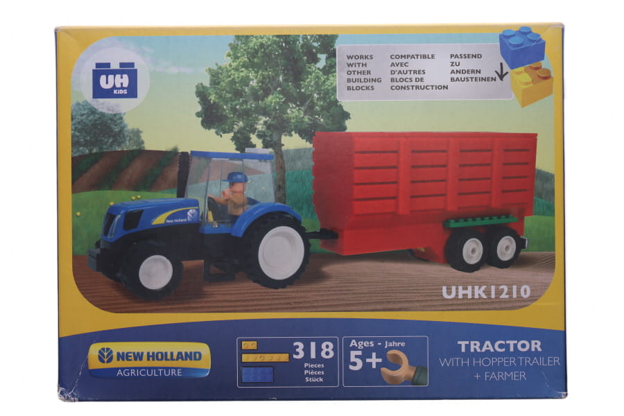 #IMX39608 New Holland Tractor With Farmer & Grain Trailer, 318 Pc Block Set